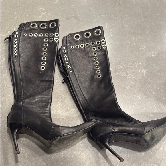 Leather Black Stiletto Heeled Boots - Picture 1 of 5